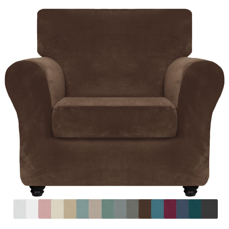 ZNSAYOTX Luxury Velvet Chair Slipcovers with Arms 2 Piece Stretch Chair Covers for Living Room Thick Soft Armchair Slipcover Anti Slip Pet Friendly Furniture Protector (Dark Coffee),30"-47"(1 Cushion) - Image 1